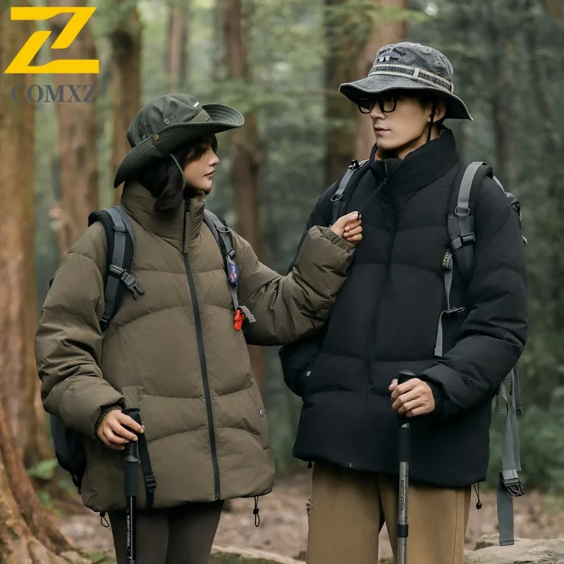 COMXZ 2025 Mens Womens Duck Down Stand Collar Short Winter Jacket American Style  Outdoor Sport Lightweight Leisure tactics Coat