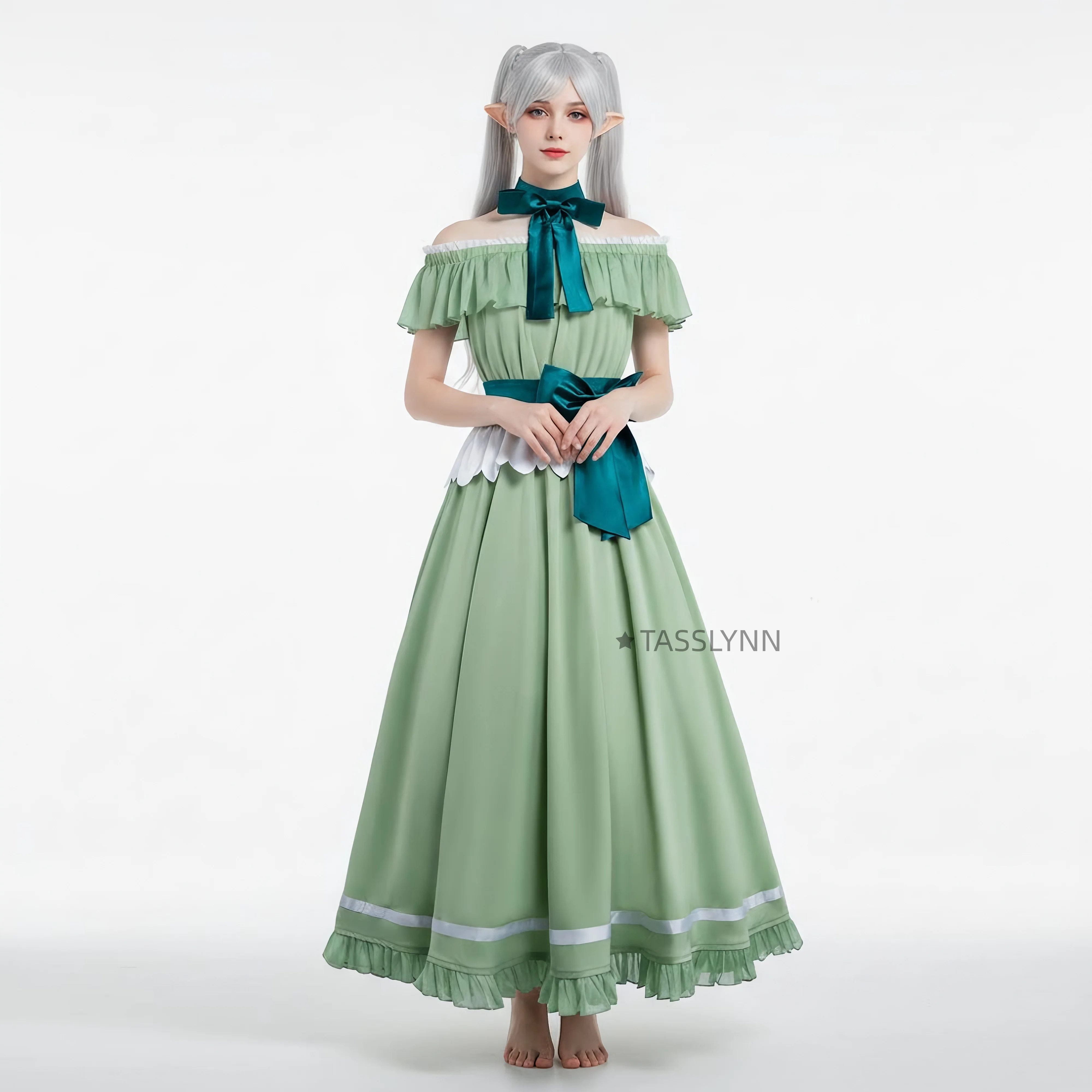 

Костюм для косплея Фрирен: Элегантное зеленое платье Фрирен с бирюзовыми бантами, аниме-костюм эльфа Фрирен для Хэллоуина и конвенций