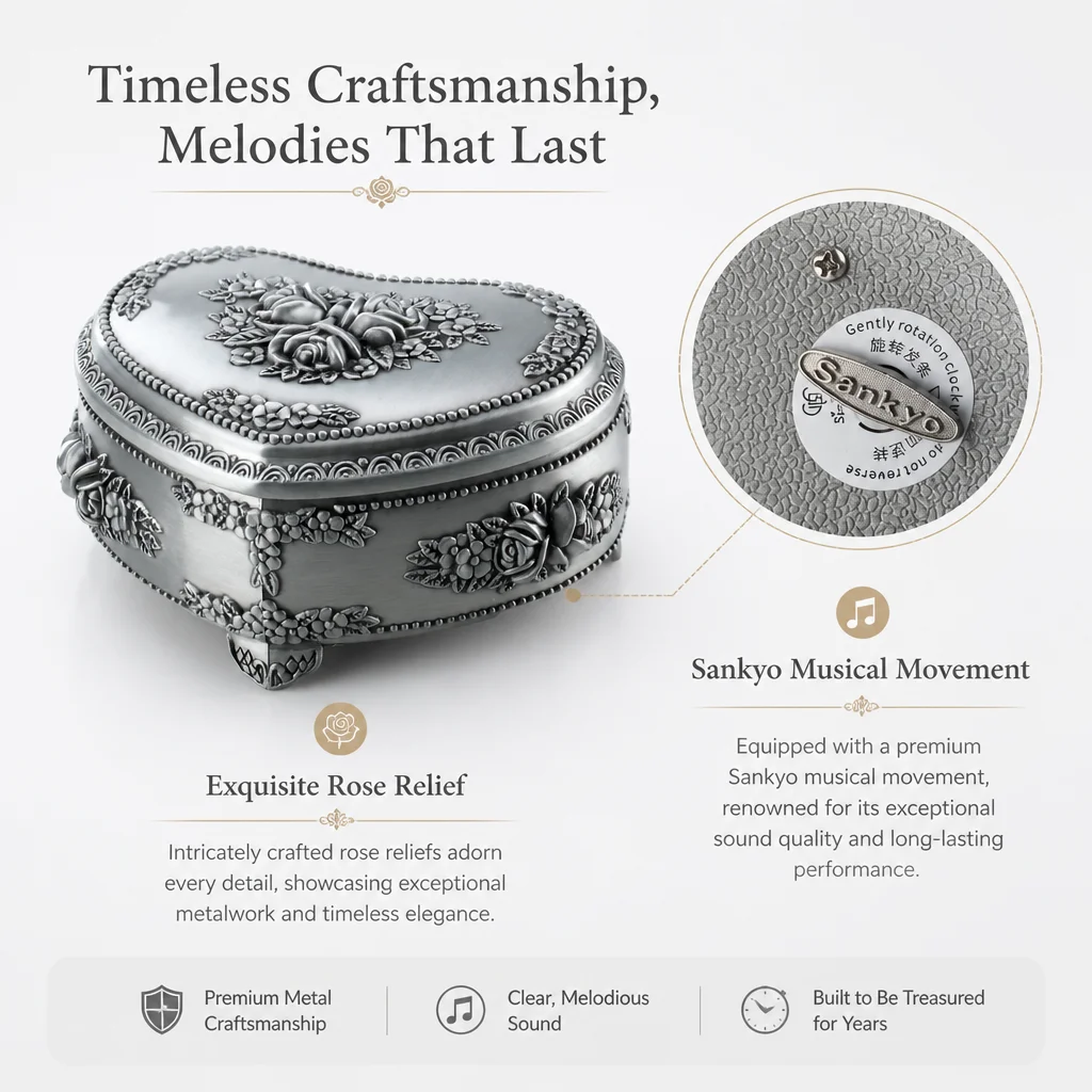 Vintage Metal Embossed Music Box Sankyo Movement Wind-up Musical Box Valentine's Christmas birthday Gift for Women Girls