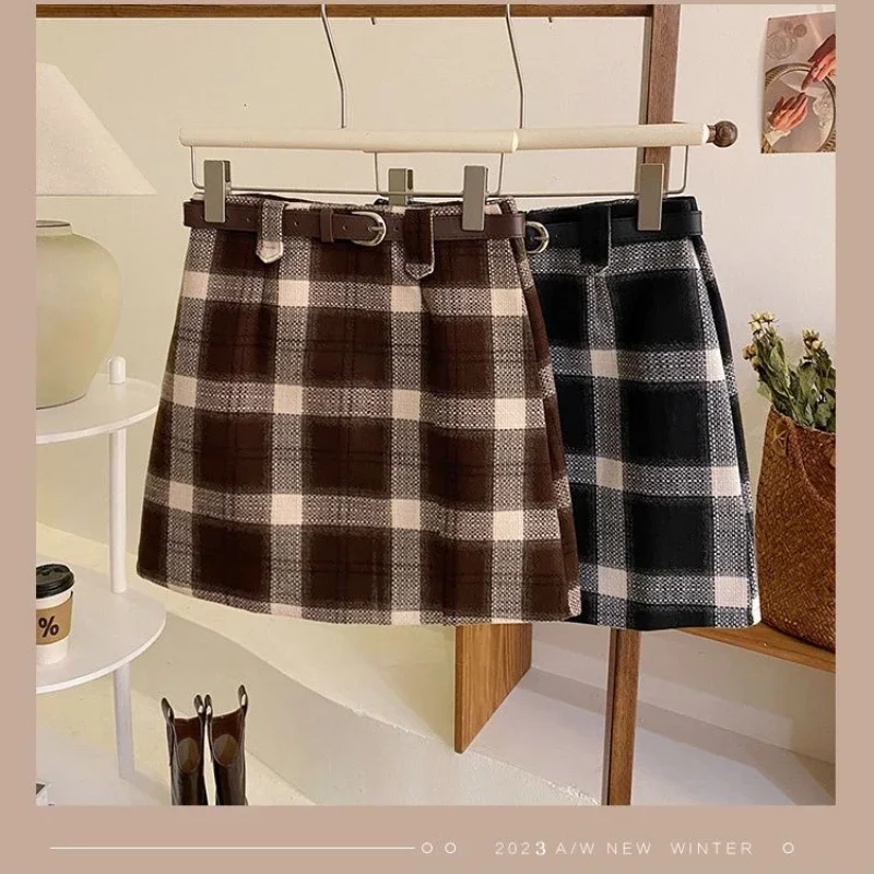 

Милая мода, осень-зима, новая женская клетчатая контрастная цветная молния, пояс в консервативном стиле, тонкая короткая сумка трапециевидной формы с высокой талией, модная юбка