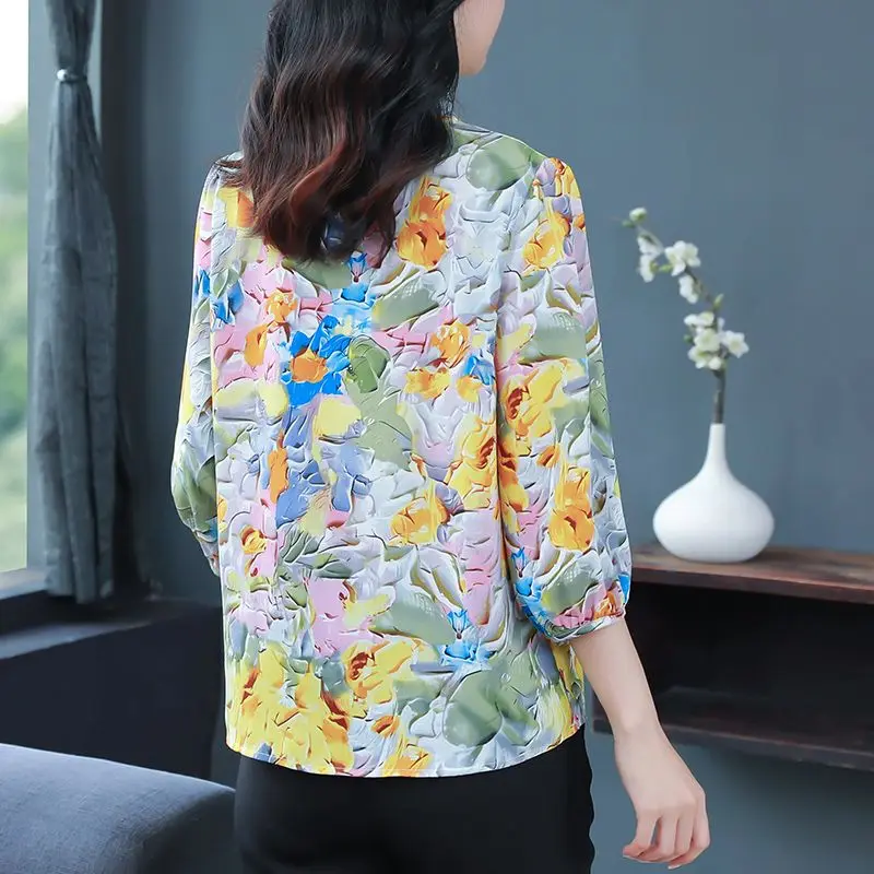 Women\'s 2024 Summer New Pullover O-Neck Patchwork Button Printing Fashion Slim Minimalist Casual 3/4 Sleeve Blouses Shirts