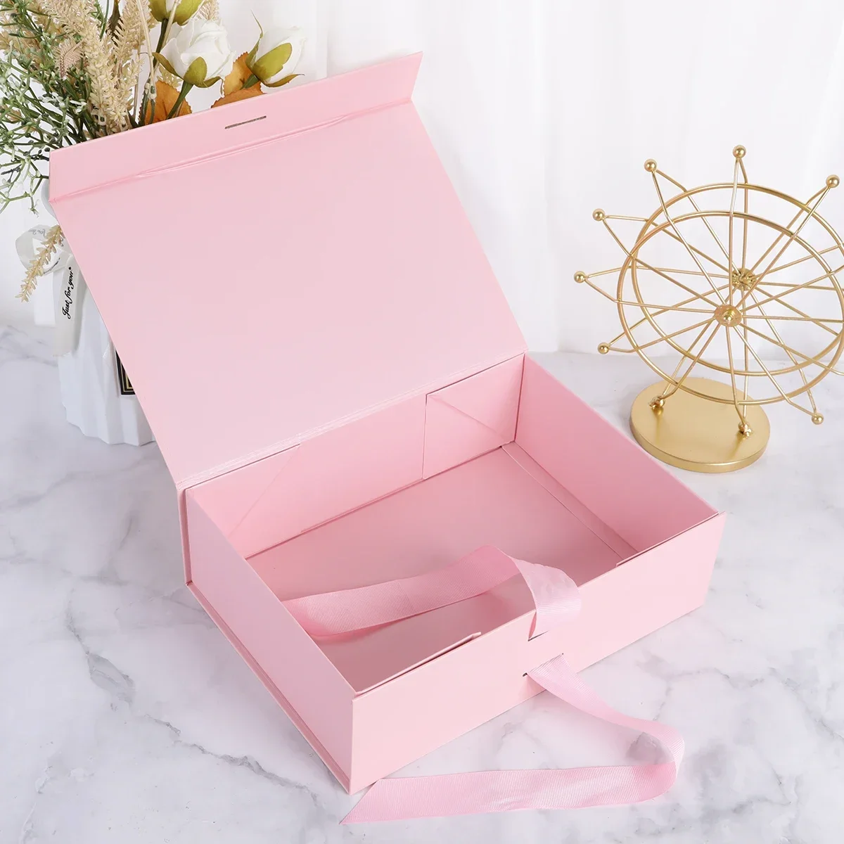 1pc- Ribbon Gift Box,Golden Folding Box Packaging Cases Display Bow Ribbon Jewelry Gift Box