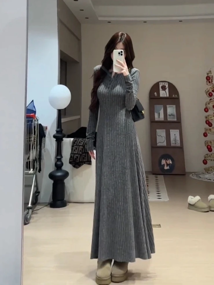 Ele cintura alta de malha dr feminino fino ajuste camada base inverno faion coreano sle longo sve botão-up saia linha a