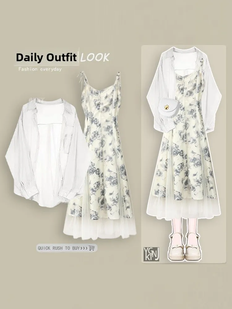

Elegant White Long Sleeve Thin Sun Protection Shirt Women's New Unique Floral Print Dress Loose French Style Collar Shirt