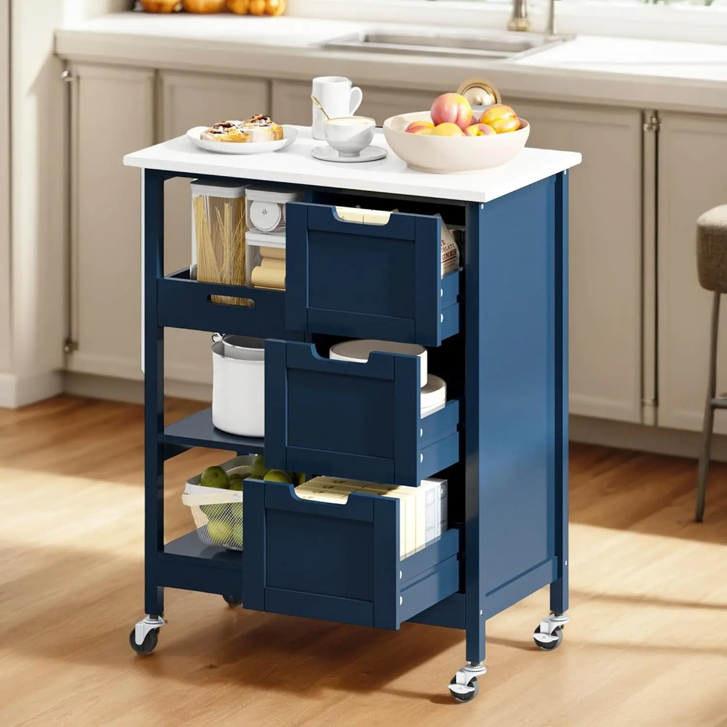 Dwvo Rolling Kitchen Island Cart With 3 Drawers, 27 Inch Soild Wooden Countertop Kitchen Storage Cabinets, Drawers Cart For