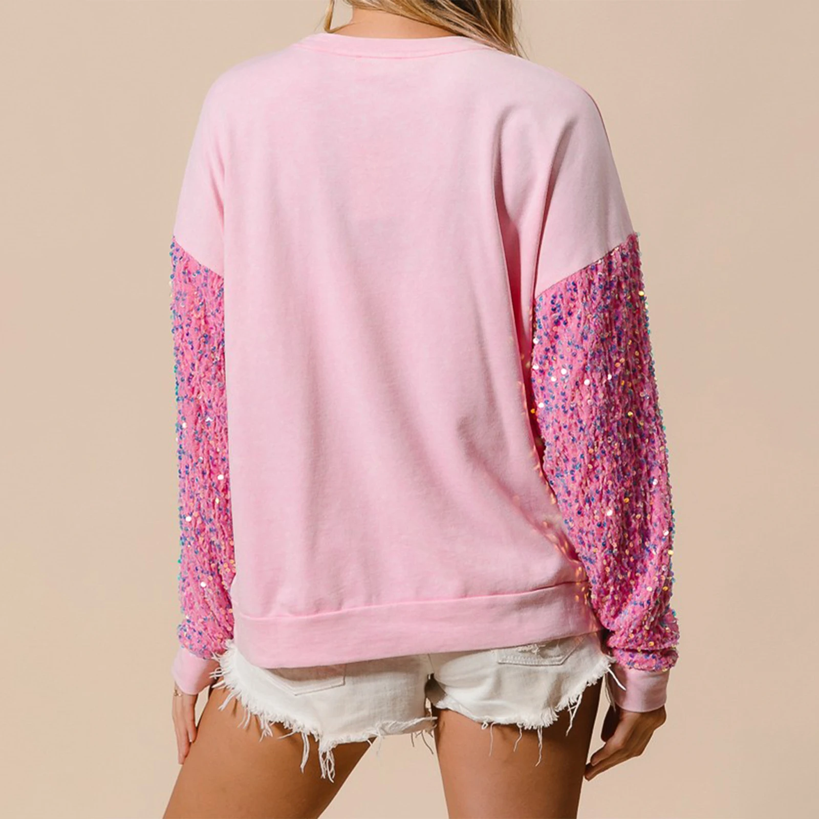 Moletom feminino de lantejoulas de Halloween solto manga comprida gola redonda pulôver de abóbora