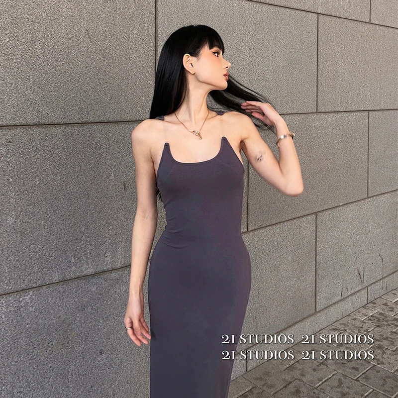 Dress V-neck Green H-Shaped Pullover Backless Women's Summer Sexy Slim-Fit Slimming Black Invisible Sleeveless Camisole Long 1Pc