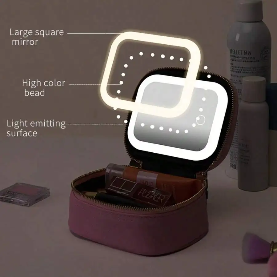 Mini Makeup Bag With LED Mirror: A Small Travel Makeup Bag With 3 Adjustable Light Modes, Convenient For Women To Carry. Made Of