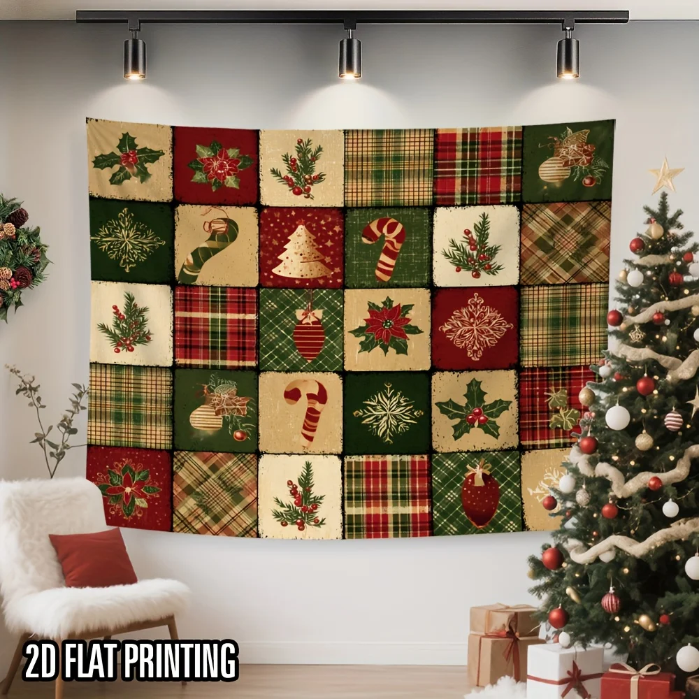 2D Flat Print 1pc Tapestry, Christmas Patchwork Plaid Holly Candy Cane Wall Hanging, Christmas Tapestry, Bedroom Decor