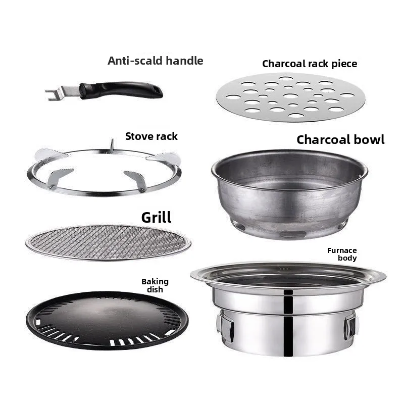 Round Stainless Steel Charcoal BBQ Grill, Korean Style Barbecue Stove for Camping Picnic, Smokeless Tabletop Grill for Home