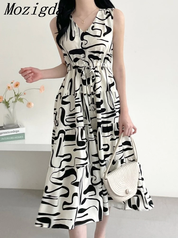 Summer Bohemian Wommen Print Midi Dress Vintage V-Neck Sleeveless High Waist A-Line Plain Vestido Female New Fashion Casual Robe