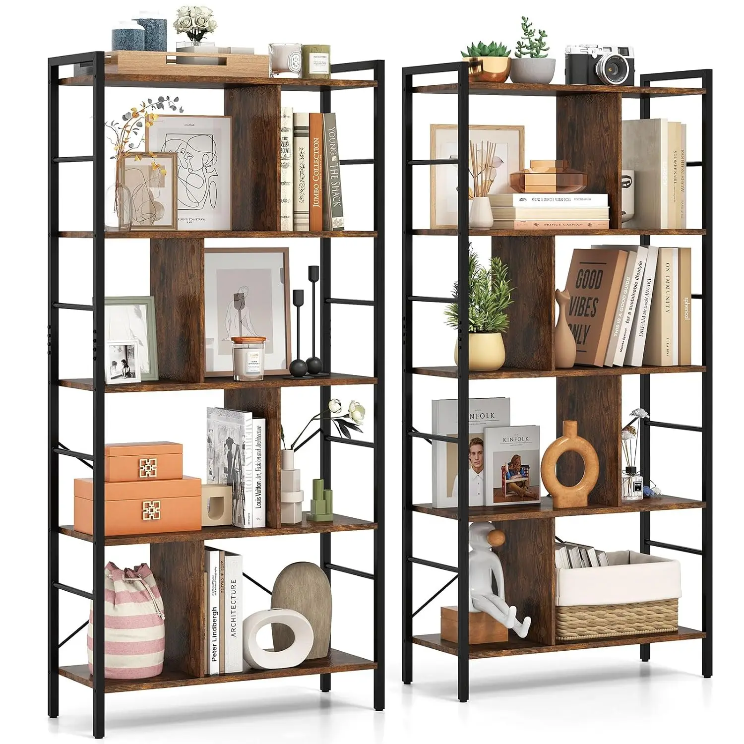 Industrial 5-Tier Bookshelf Set of 2, 61-inch Tall Storage Shelf for Home Office, Customized