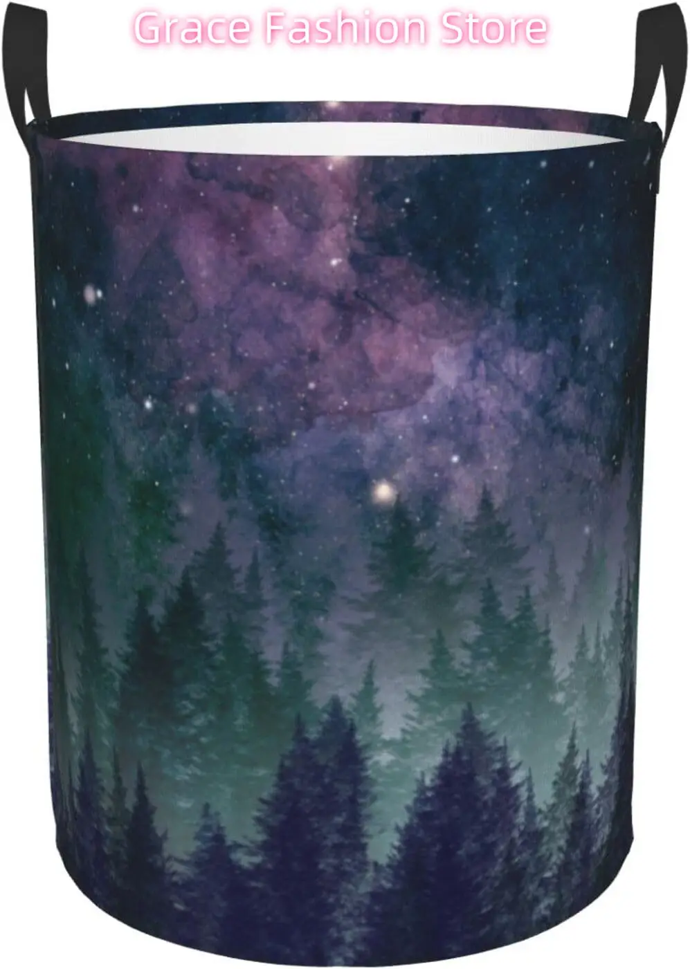 

Night Sky with Forest Laundry Basket with Handle Waterproof Collapsible Cloth Hamper Round Storage Basket for Bathroom Bedroom C