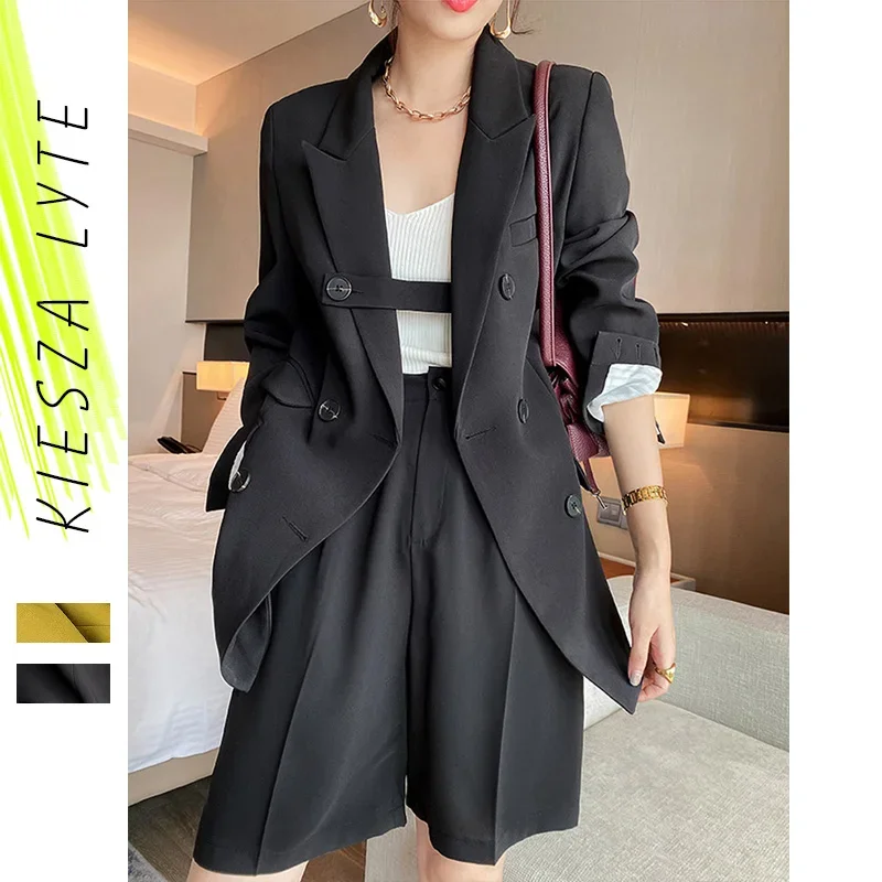 Terno preto estilo coreano para mulheres, meia calça, blazer de manga comprida, conjuntos de jaqueta casual, primavera, verão, novo, 2 peças, 2022