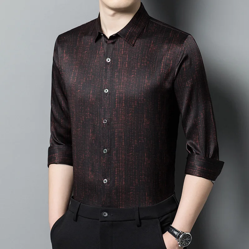 Silk Long-sleeved Shirt Men Spring Summer Dad Silk Satin Casual Men