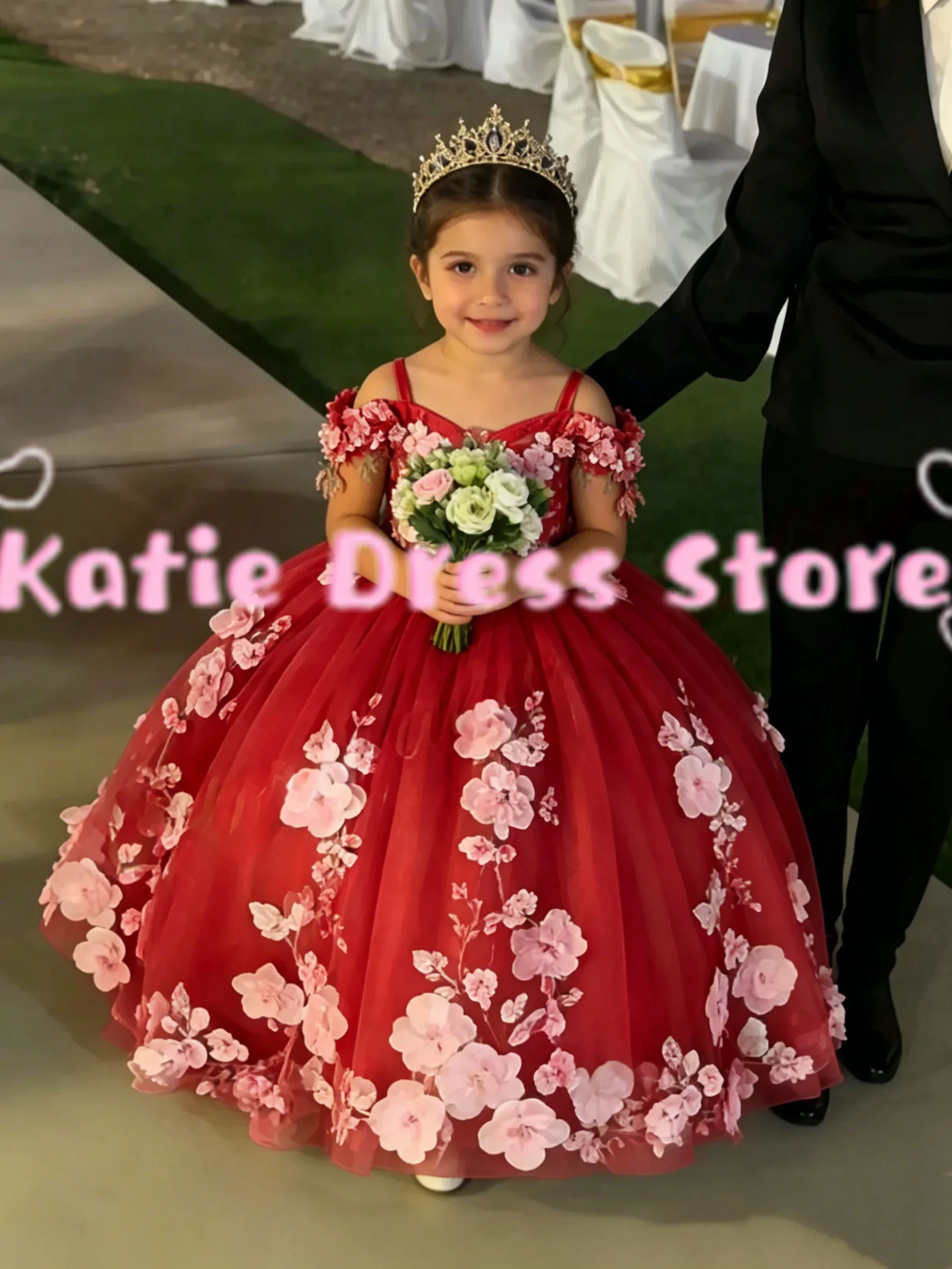 Maßgeschneidertes elegantes Blumenmädchenkleid für Hochzeit, Tüll, 3D-Applikation, Prinzessin, Kindergeburtstag, Erstkommunion, Ballkleider ﻿