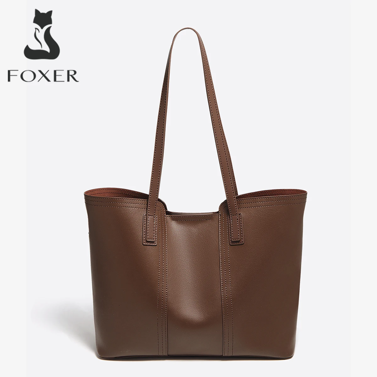 FOXER Women Split Cowhide Leather Tote Female Large Capacity Magnetic Buckle Zipper Handbag Lady Fashion Shoulder Composite Bag