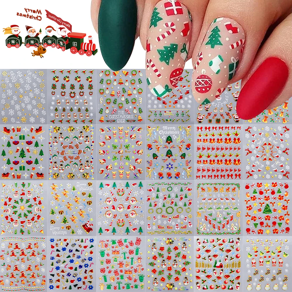 24/30 pçs 3d elegante borda de ouro natal adesivos de unhas bonito boneco de neve árvore de natal papai noel decalques de unhas auto-adesivo slider *