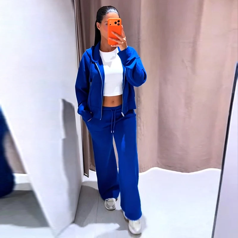 Damen-Hosen-Sets mit Kapuze, Langarm-Reißverschluss, Oversize-Mäntel, Kordelzug-Taille, Schlaghosen, Frühling-Herbst, schicke neue Outfits für Damen – Detail 19