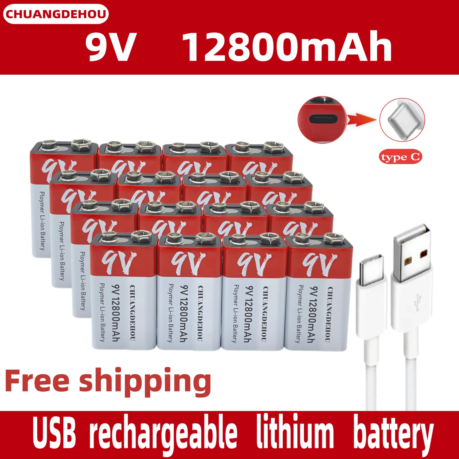 

9V Battery USB 12800mAh Lithium ion Rechargeable Battery Mini USB Battery 9V Lithium Used for Multimeter Mic Toy Remote Control