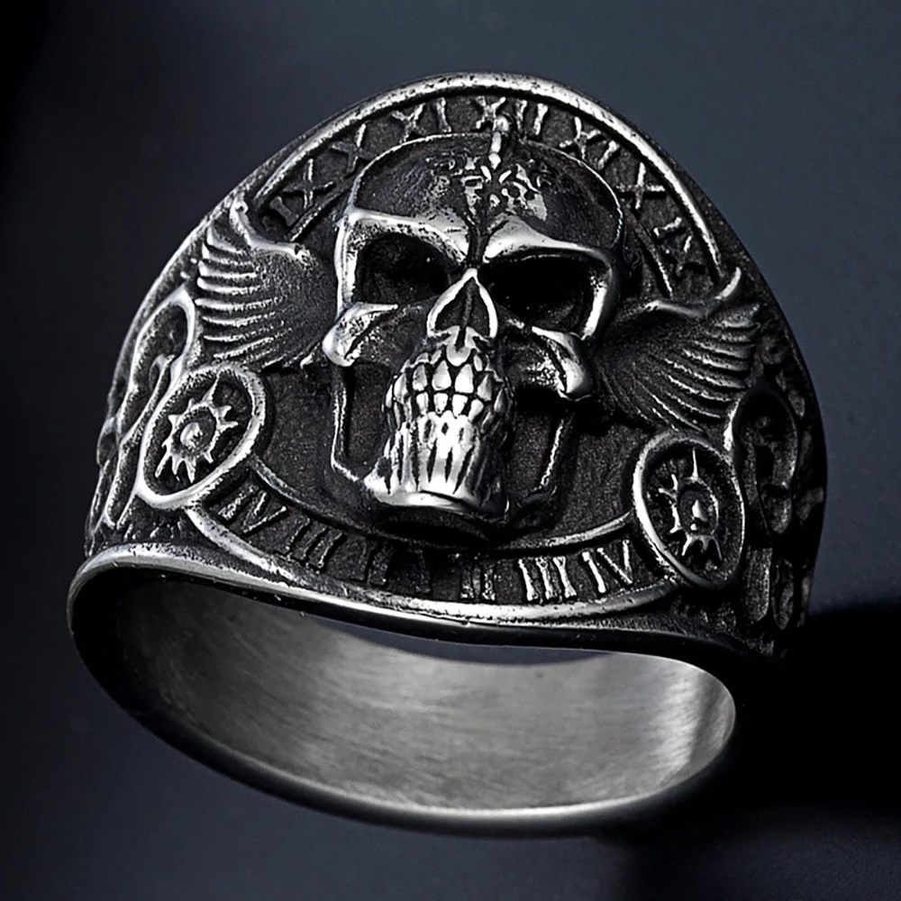 316 Stainless Steel Men's Skull Ring Vintage Gothic Punk Style with Wings Gears Roman Numerals Hypoallergenic Biker Jewelry Gift