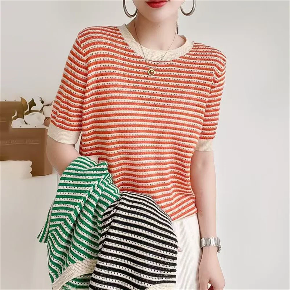 

Korea Women's Knitted T-Shirt Office Knitwear Tee Knit Striped T-shirt for Women 2024 Summer Basic White O-neck Short Sleeve Top