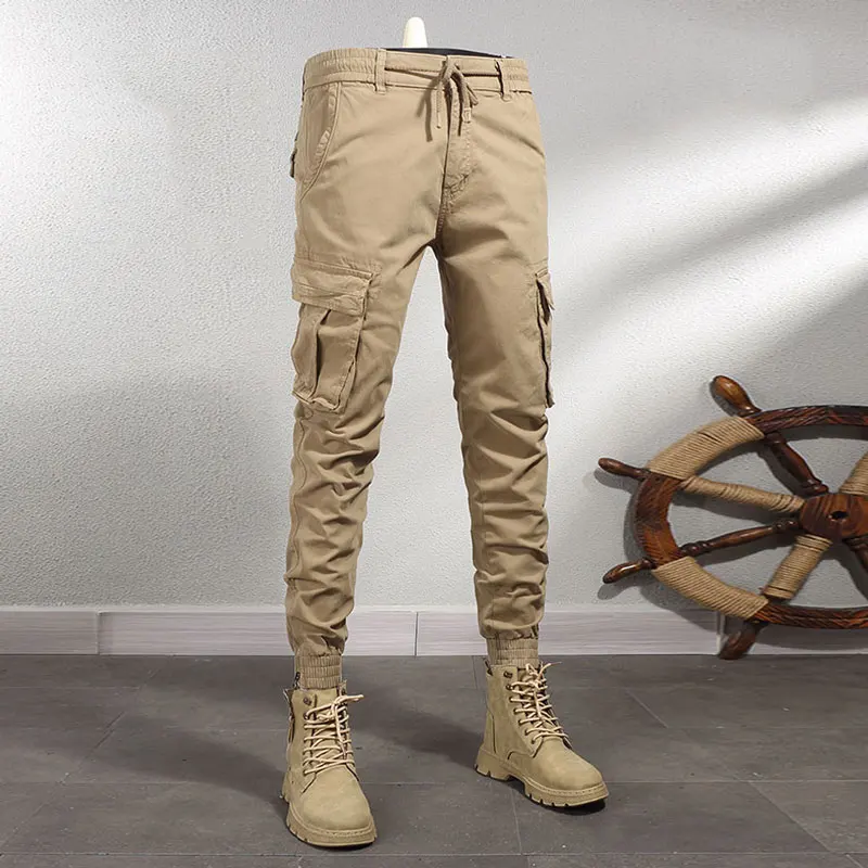 Pantalones vaqueros elásticos para Hombre, Pantalón Cargo informal, holgado, color caqui, con bolsillo, estilo Hip Hop, moda urbana