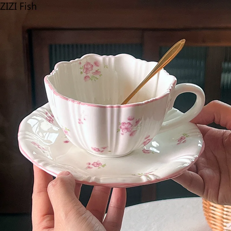 Schöne rosa Kirschblüten Tassen Porzellan Tasse Untertasse Geschirr Kaffeetasse Esstisch Nachmittagstee Teetasse Früchte Saft Tasse
