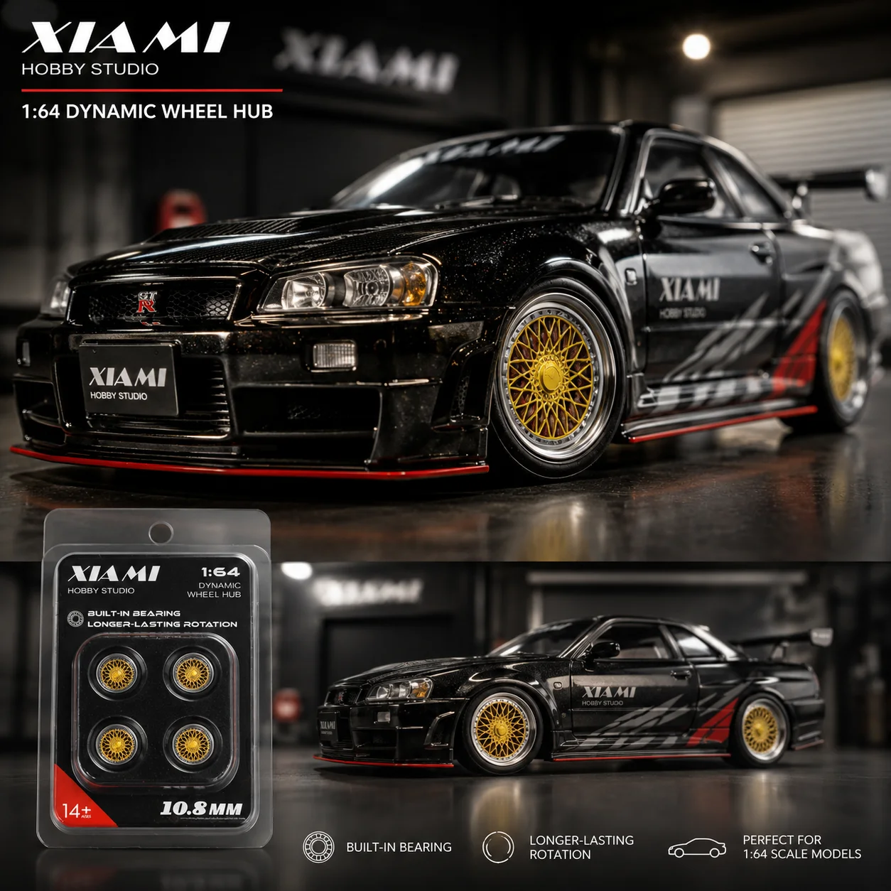 X-Scale 1/64 Model Car Rubber Tires, Dynamic Bearing Wheels with Brake Discs, 10.8mm Removable Tire Set for Diecast Alloy Car