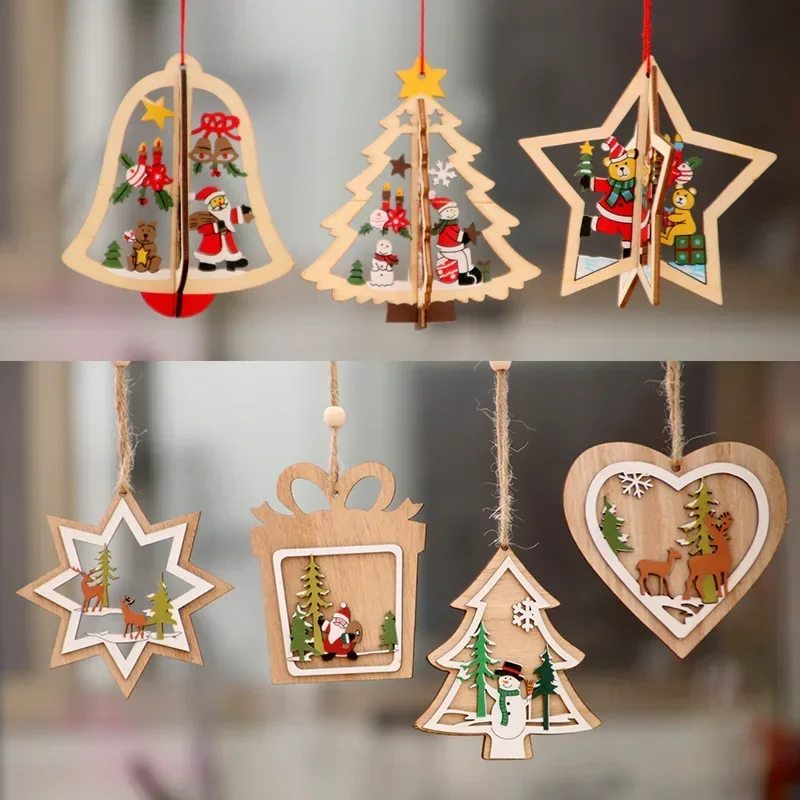 1Pcs Merry Christmas Pendant Decorations for Home Wooden Painted Colorful Car Xmas Bell Christmas Tree Toys Gift  New Year 2023