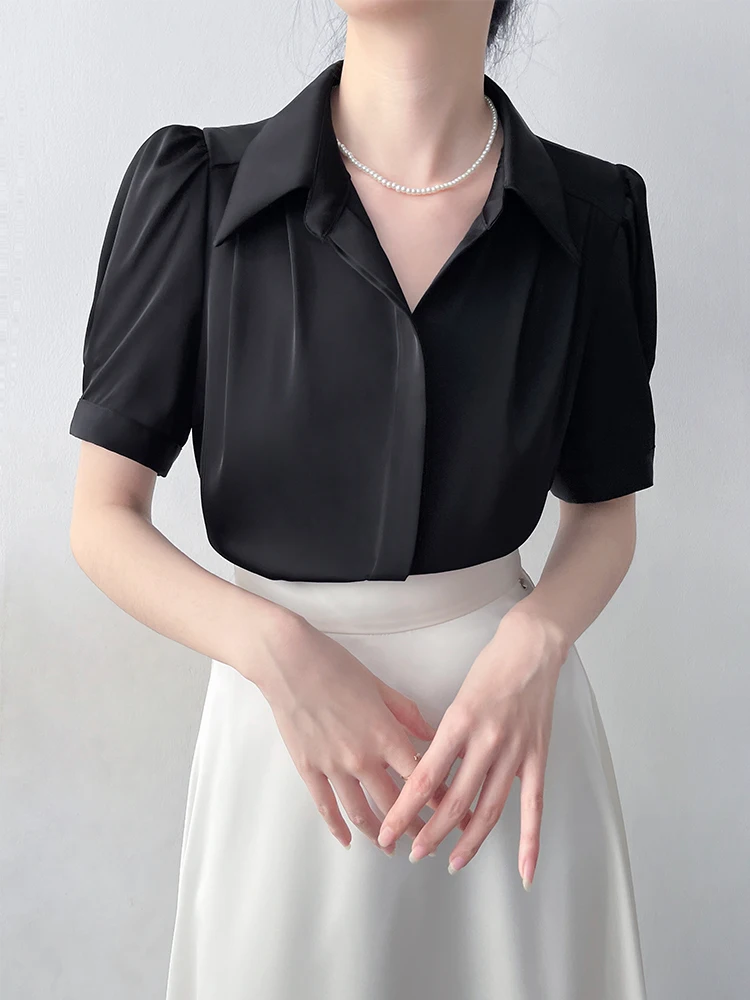

Корейская атласная блузка с коротким рукавом для женщин, летняя новинка, с отстегивающимся воротником, дышащая, комфортная, свободного кроя, однотонная
