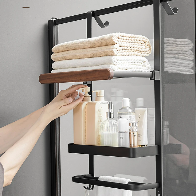 Solid Wood Wall-Mounted Shelves - Punch-Free Storage Rack, Shower Organizer with Towel Rail, Sleek Design for Modern Bathrooms