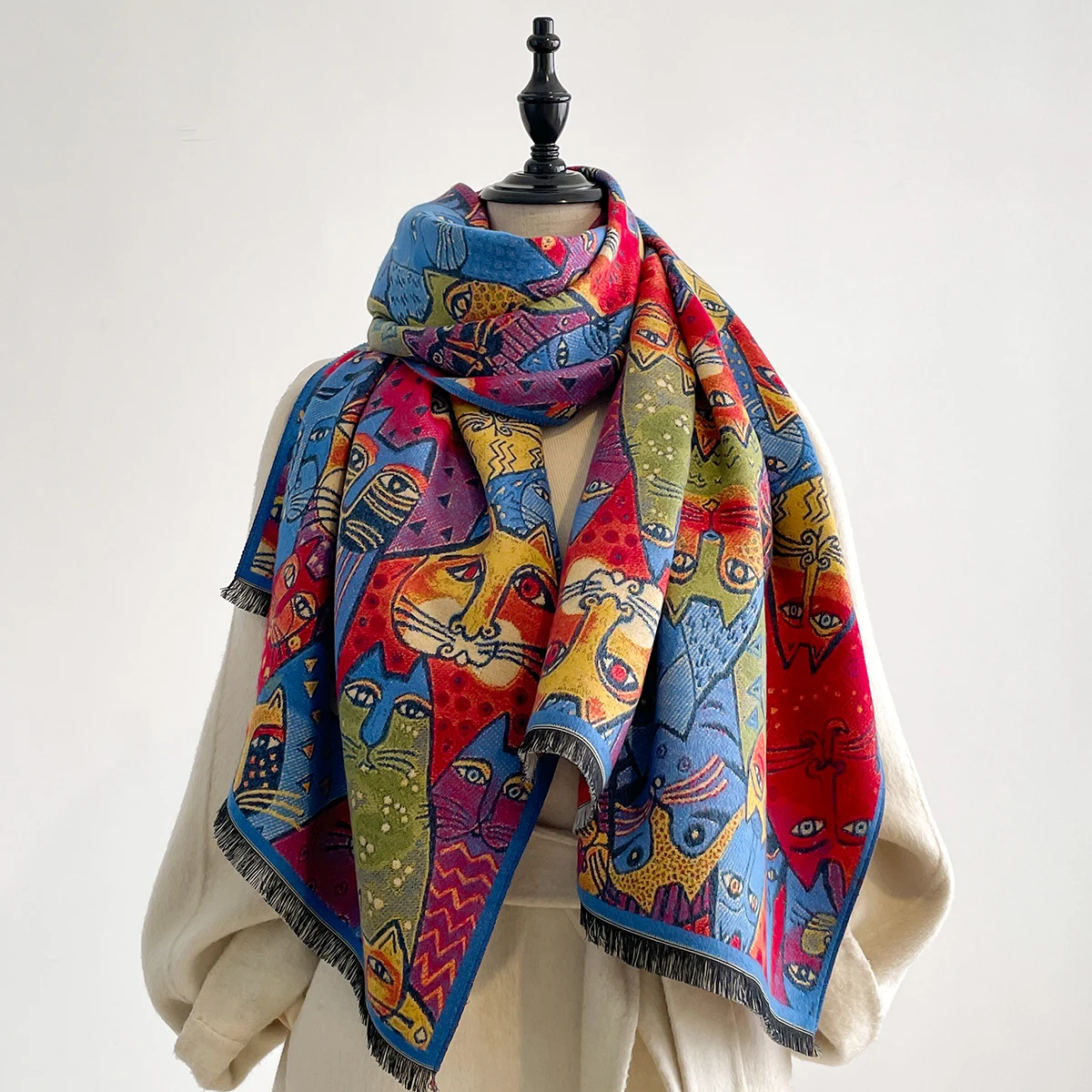 

Luxury Winter Cashmere Colorful Kitten Design Scarf Women Warm Pashmina Blanket Poncho Scarves Female Oil painting Shawl Bufanda