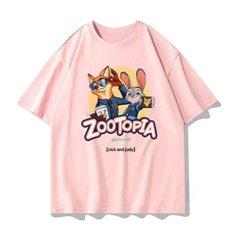 Camiseta de manga corta con articulación de Zootopia loca de Disney, ropa de oficial de policía de Anime Nick Judy para niños, ropa informal de algodón para parejas de verano