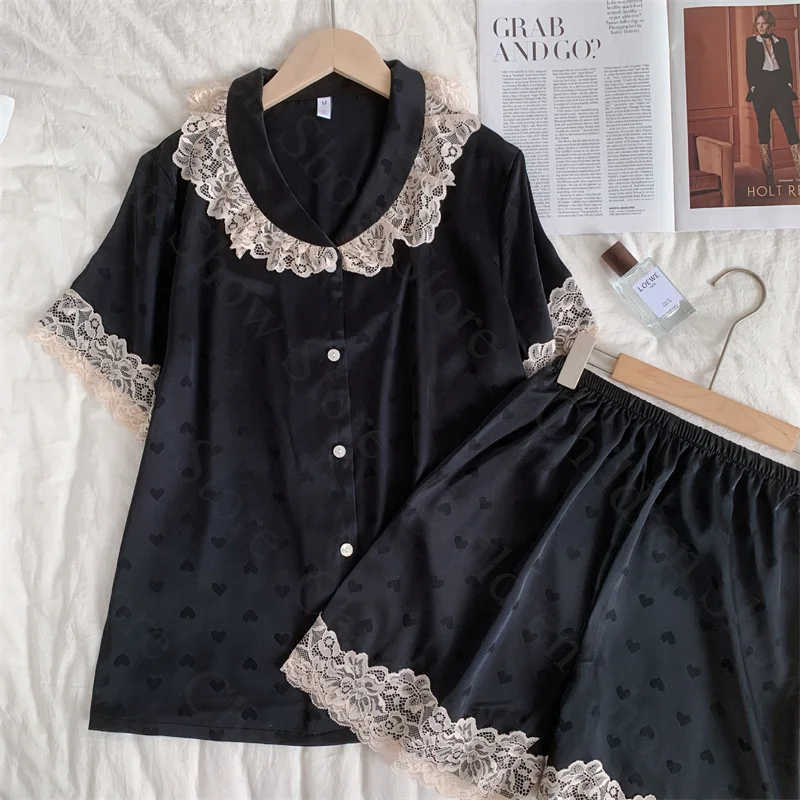 

Princess Style Homewear Lady Lace Trim Shorts Set Ice Silk Pyjamas 2Pcs Pjs Homewear Women Loose Nightwear Summer New Sleep Suit