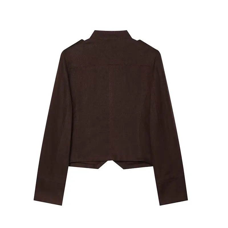 NLZGMSJ 2026 Autumn Vintage Women Jacket Stang Collar Buttons Slim Cropped Long Sleeve Short Coat