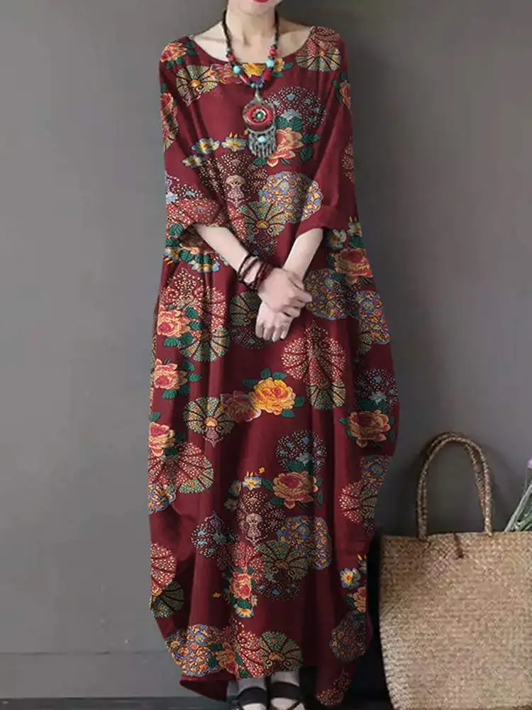 Zanzea Vintage Gedrukt Maxi Lange Jurk Vrouwen Zonnejurk Casual Lange Mouwen Kaftan Jurken Vrouwelijke Baggy Bloemen Vestidos 7