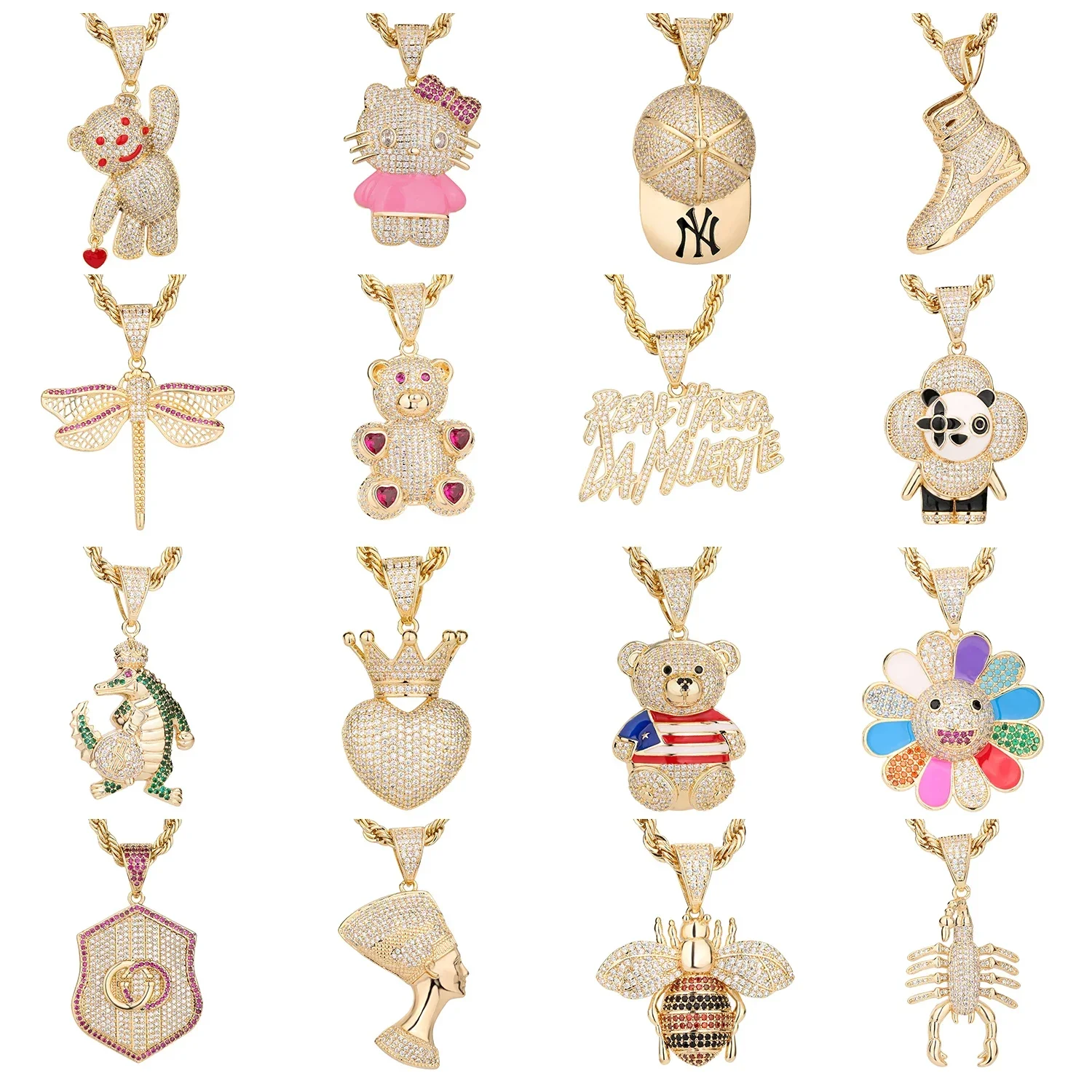 keychain  High Quality H ip Hop 14k Gold Plated Cartoon Cubic Vivienne Zirconia Copper Pendant and Necklace