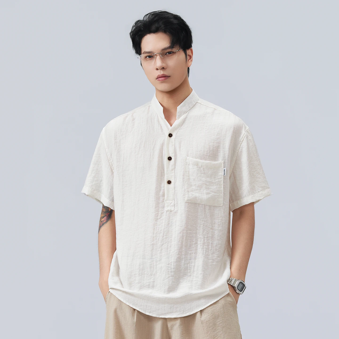 2026 Summer New Style Men's V-neck Fashion Linen POLO Shirt Top - Simple and Casual with Plain Texture and Slim Fit Loose Short — купить у AliExpress WW