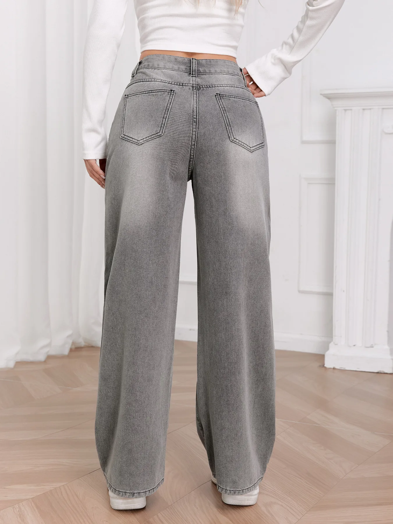 ハイストリート ウォッシュド ストレート デニム フルレングスパンツ 2026 春 グレー カジュアル レディースジーンズ ハイウエスト ルーズ ワイドレッグ トラウザーズ