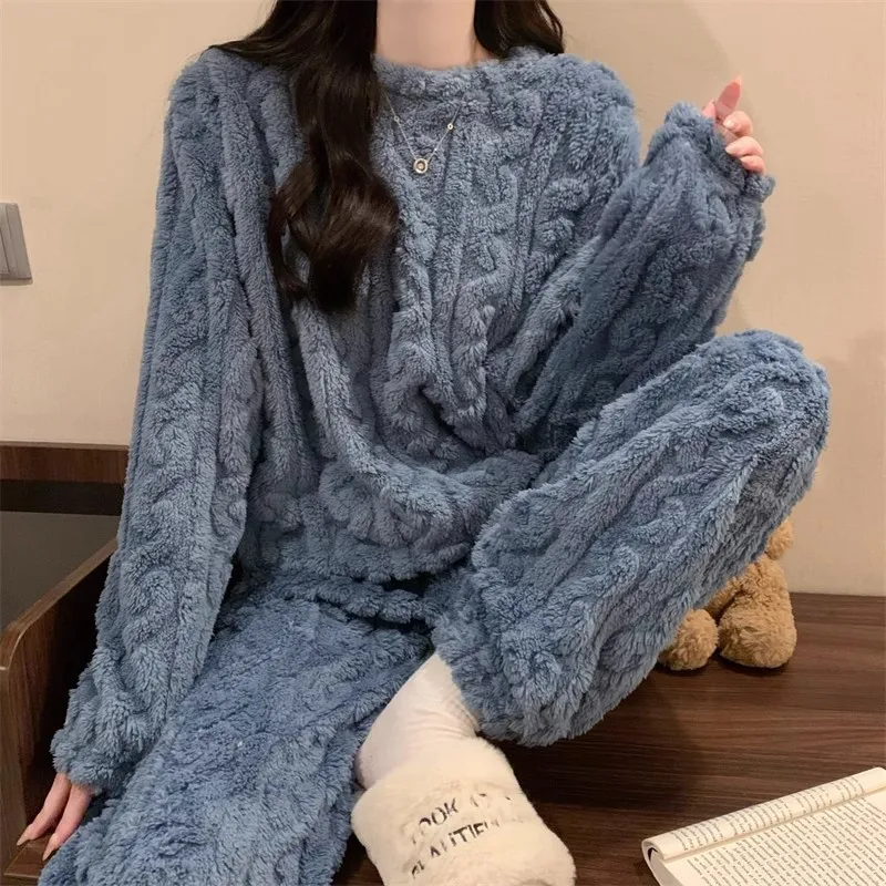 Female Pink Flannel Pajamas Set Thicken Coral Fleece Trouser Suit Sleepwear Winter New Warm Nightwear Lounge Wear Loose Homewear