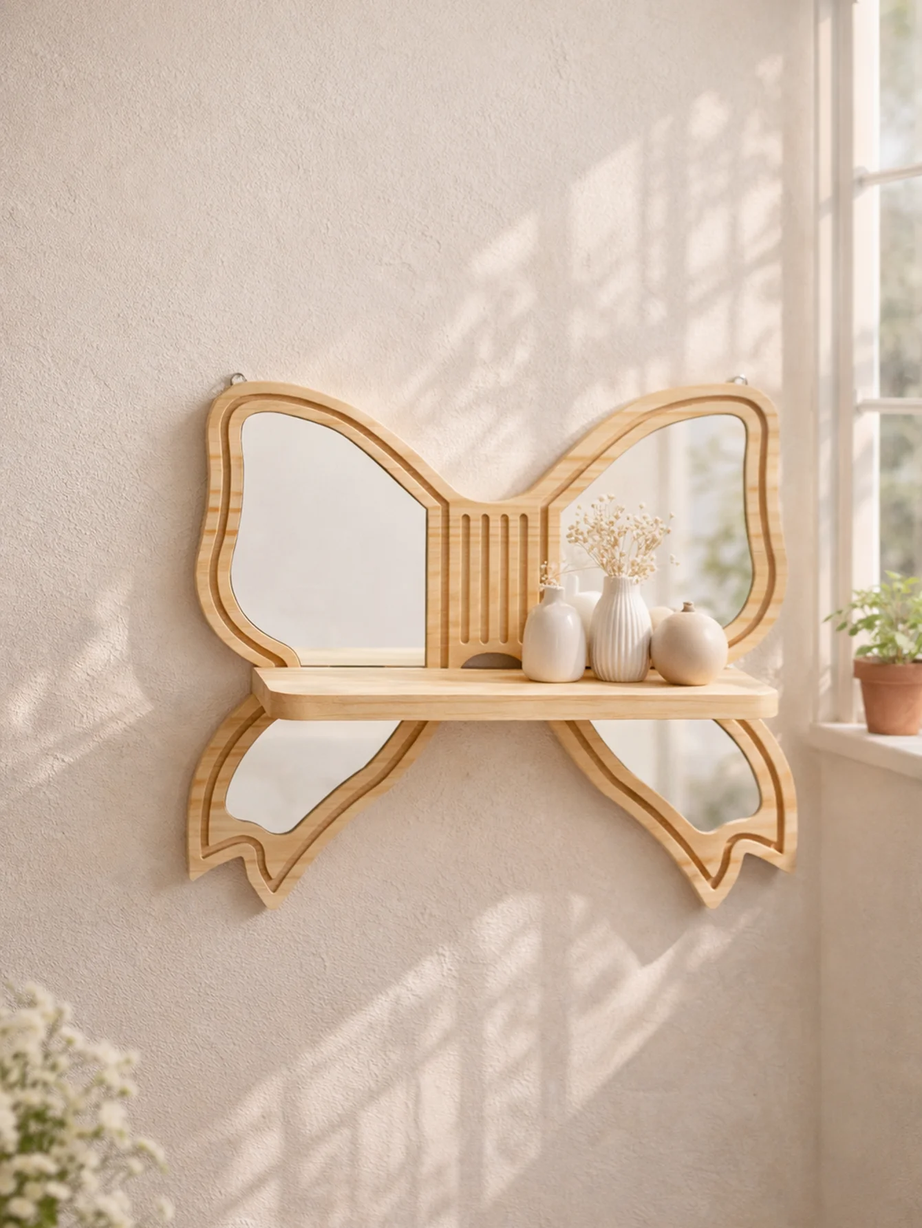 Bow Shaped Wooden Wall Mirror with Shelf Boho Floating Shelves Wall Mounted Storage Organizer for Bedroom Living Room Home Decor
