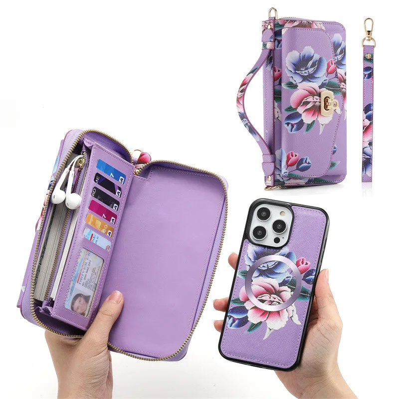Crossbody Lanyard Leather Zipper Wallet Card Phone Case For iPhone 16 15 14 13 12 11 17 Pro Max Plus Magnetic Flip Stand Cover