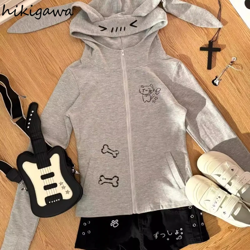 

Zip Up Hoodie Coat for Women Cute Rabbit Ears Hooded Japanese Sweatshirt Y2k Tops Ropa Mujer Cartoon Casual Fashion Y2k Hoodies