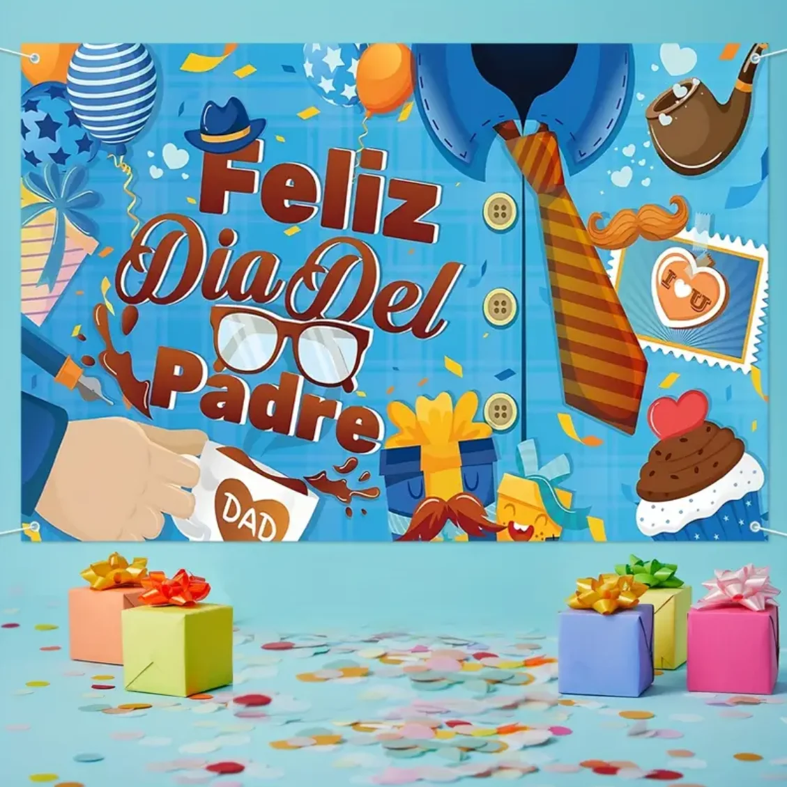 Feliz Dia Del Padre Spanish Happy Father's Day Backdrop Blue Grid Ties Trophy Best Dad Family Party Decor Banner Photozone Props