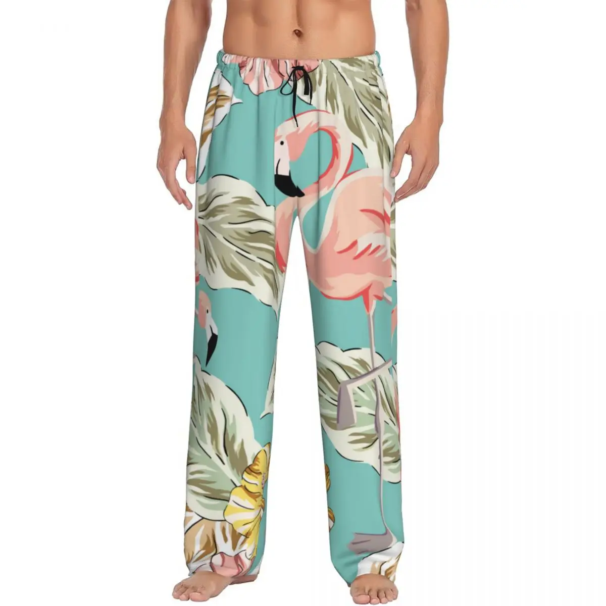 Custom Printed Men's Pajama Pants Pink Flamingo Birds Yellow Hibiscus Palm Leaves Sleepwear Sleep Lounge Bottoms with Pockets