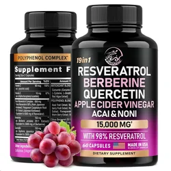 Resveratrol 60 Capsules Supplement 15000mg 19-in-1 Organic Polyphenol Complex Astartate Quercetin Apple Vinegar Antioxidant