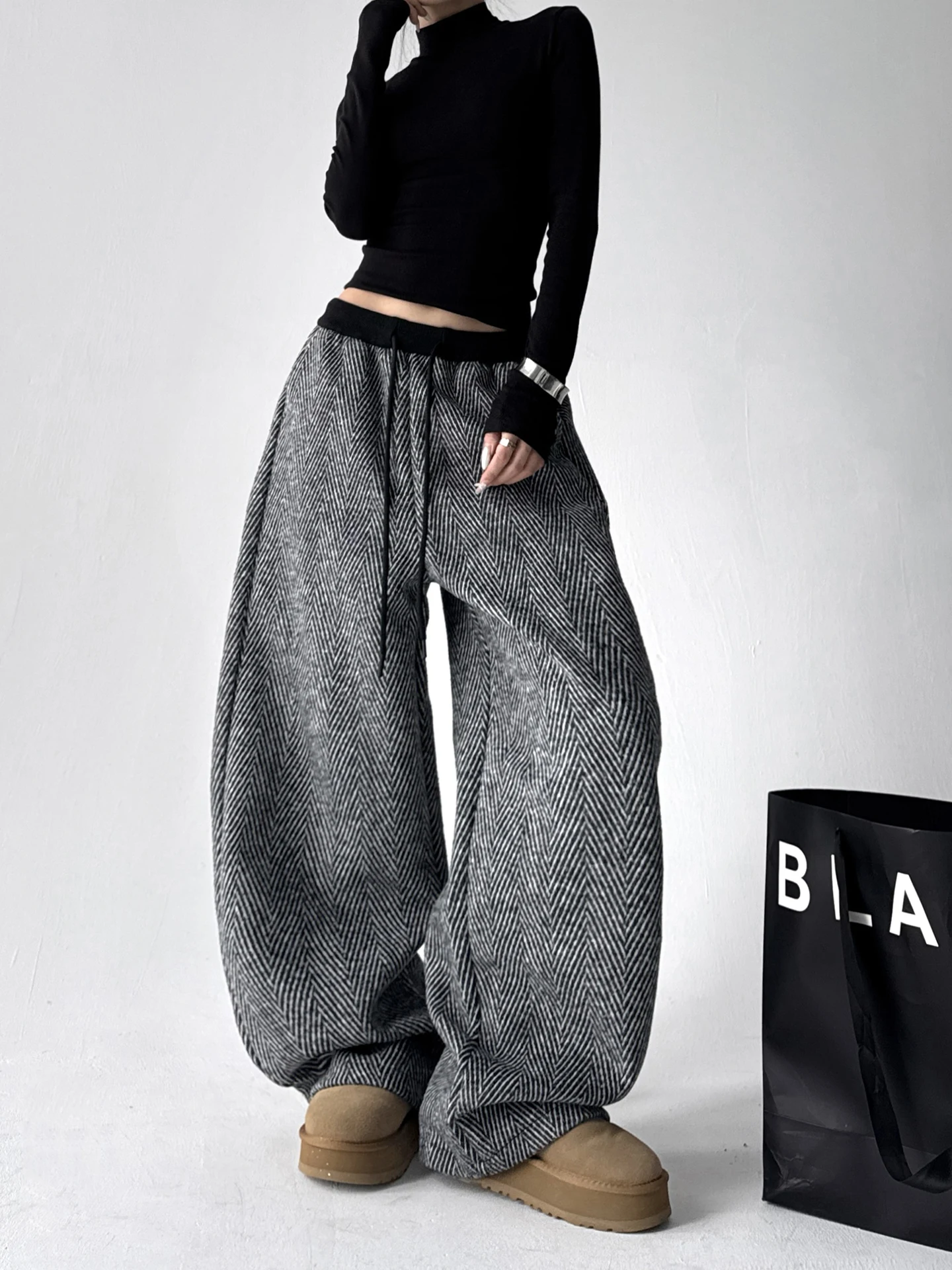 하이웨이스트 와이드 레그 팬츠 여성용 가을 겨울 체크 울 스트레이트 컷 슬림 캐주얼 롱 트라우저 아메리칸 스타일 폴리에스터...