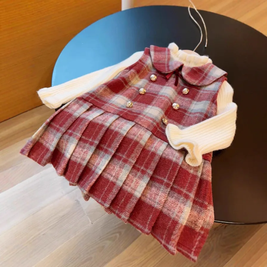 

2025 Autumn New Girl's Set Princess Plaid Skirt Undercover Long Sleeve Fashionable Western Korean Two Piece Set