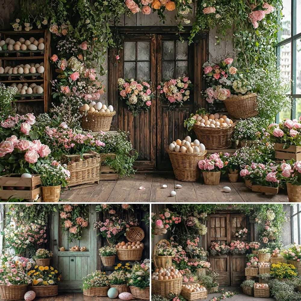 Spring Easter  Backdrop Photo Wooden Door Flowers Eggs Kids Birthday Party Indoor Decor Photography Background Props